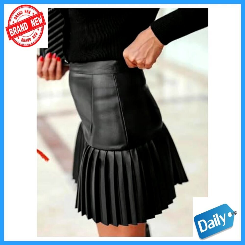PU Leather Pleated Skirt High Waisted Mini Party Club Wear - Picture 2 of 4